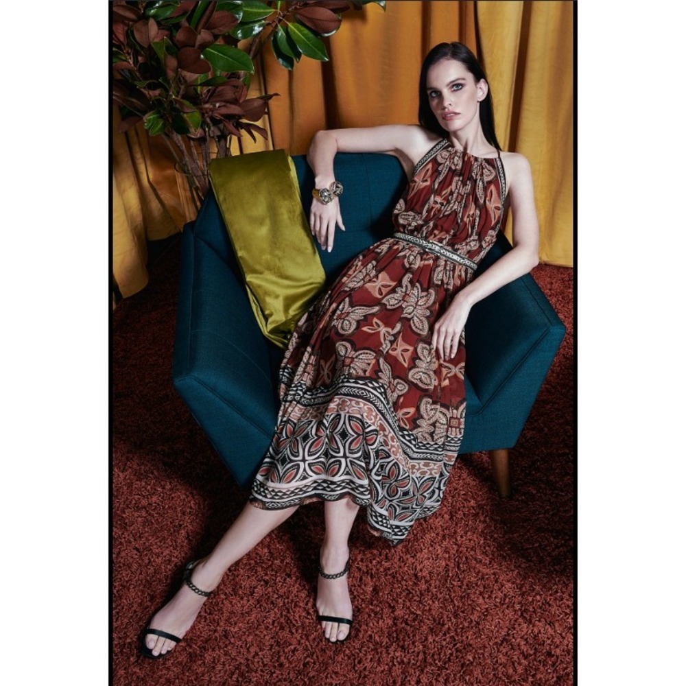 Badgley Mischka Printed Bohemian Midi Dress in Rust sz 8